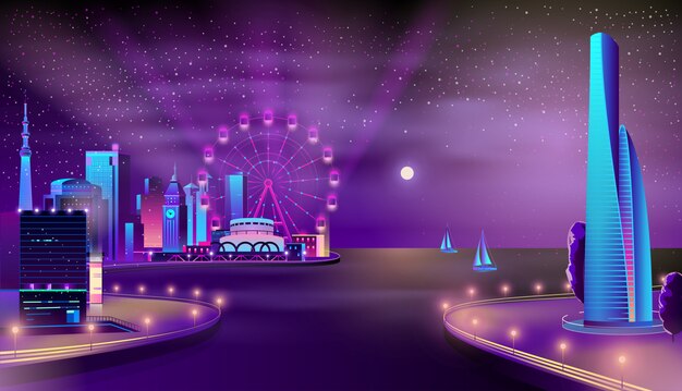 Современная городская набережная ночной пейзаж мультфильм вектор