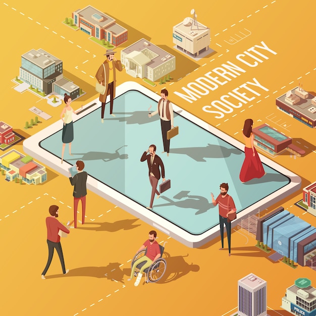 Free vector modern city society concept with people communicating via internet isometric vector illustration