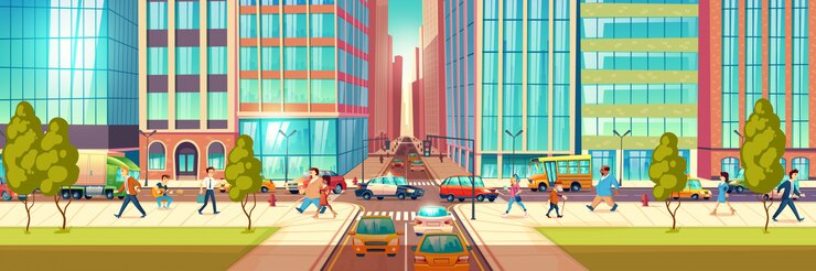 Free Vector modern city street at hour rush cartoon vector concept. people hurrying in business, townsfolk walking sidewalk, pedestrians passing crossroads, cars ride on road, stuck in traffic jam illustration