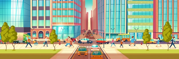 Modern city street at hour rush cartoon vector concept. People hurrying in business, townsfolk walking sidewalk, pedestrians passing crossroads, cars ride on road, stuck in traffic jam illustration