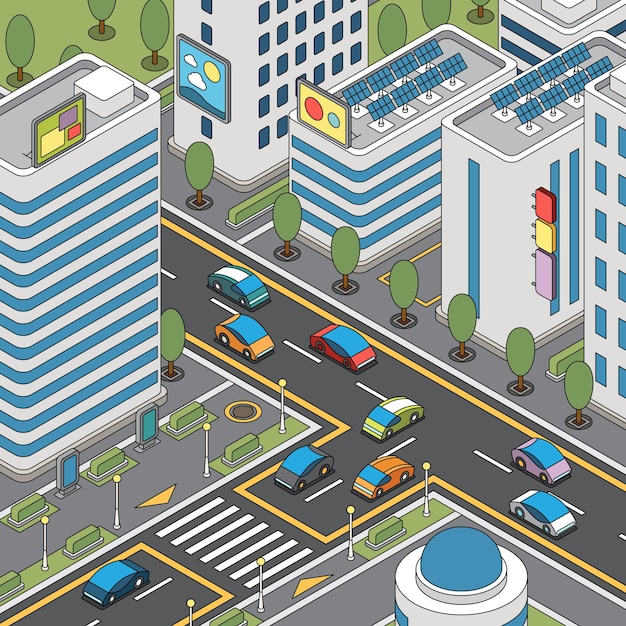 Vista della città moderna con auto in movimento, pannelli solari e illustrazione di edifici alti