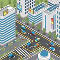 Free vector modern city view with moving cars, solar panels and tall buildings illustration