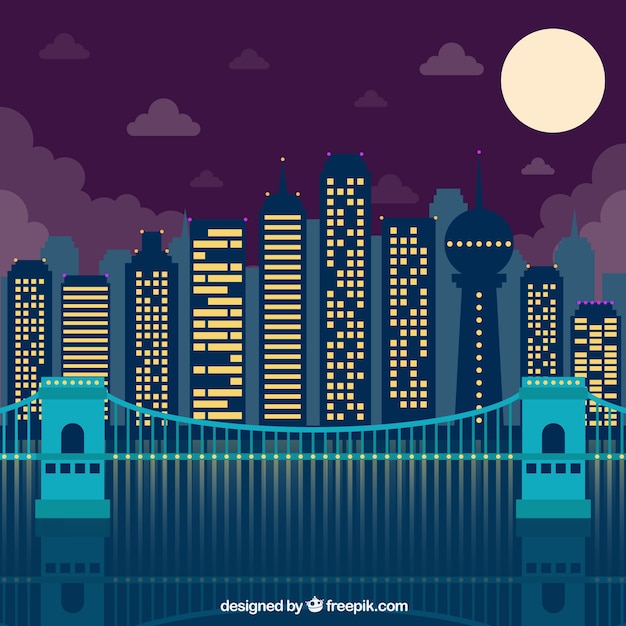 Free vector modern city with ilumnated buildings at night background