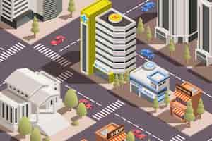 Бесплатное векторное изображение Современный город с жилыми административными и офисными зданиями, дороги, транспорт, 3d изометрическая иллюстрация