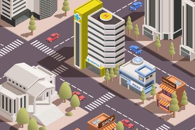 Современный город с жилыми административными и офисными зданиями, дороги, транспорт, 3d изометрическая иллюстрация