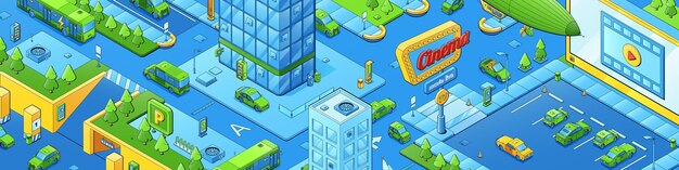 Free vector modern cityscape isometric city with car cinema