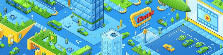 Free Vector modern cityscape isometric city with car cinema