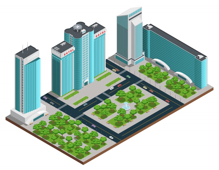 Free Vector modern cityscape isometric composition with many storeyed buildings and green parks