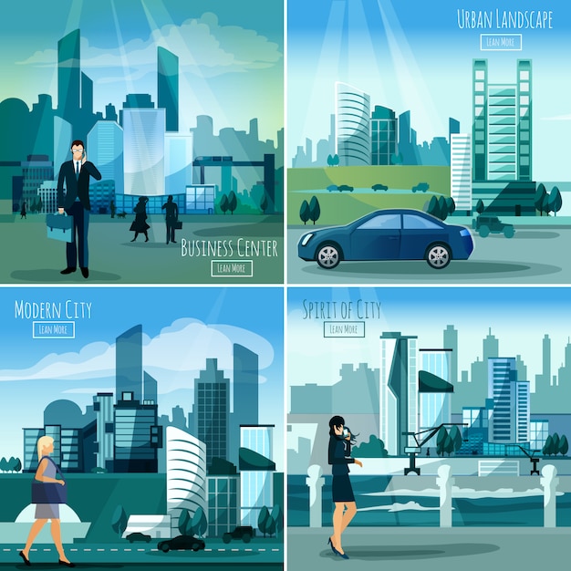 Modern cityscapes 4 flat icons square 