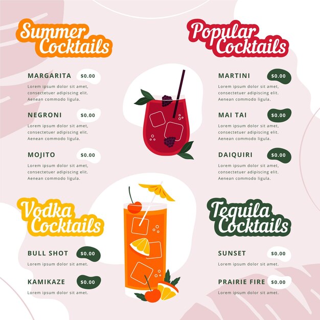 Modern cocktail menu with illustrations