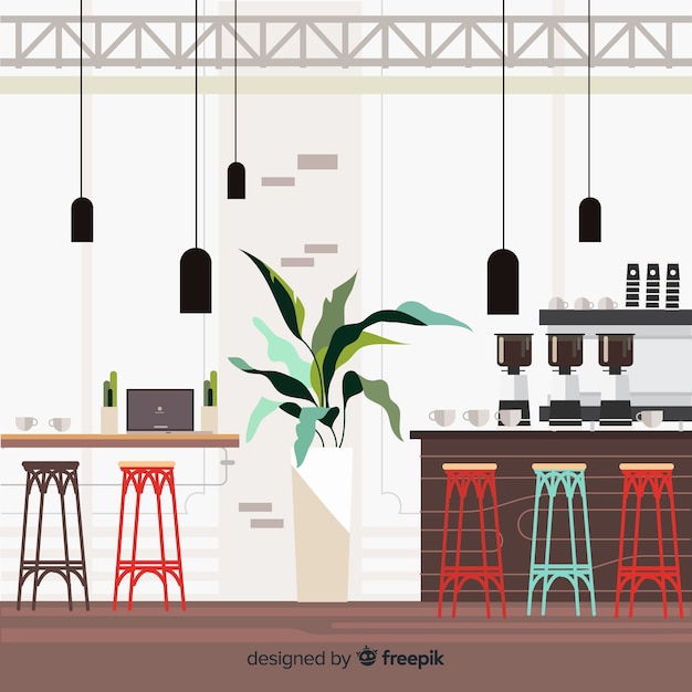 Современный интерьер кофейни с плоским дизайном
