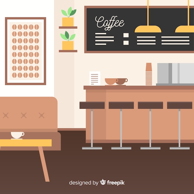 Современный интерьер кофейни с плоским дизайном