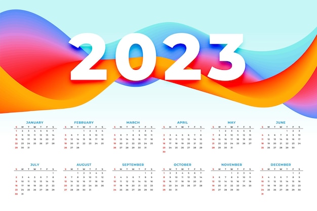 웨이브 스타일의 현대적인 다채로운 2023 캘린더 디자인