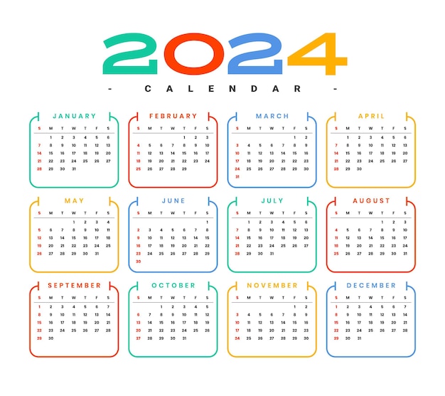 Vettore di progettazione del modello di calendario del nuovo anno 2024 moderno e colorato