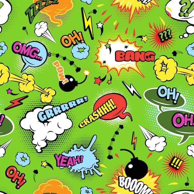 Современные комиксы фоновый узор с осветлением бомб и зазубренными облаками речи пузыри