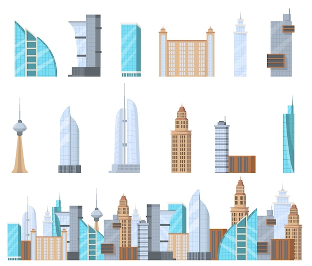 Modern commercial skyscrapers flat set for web design. Cartoon high-rise complex of city isolated vector illustration collection. building facade and business architecture concept