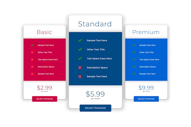Vettore gratuito piani di confronto moderni e modello di prezzi