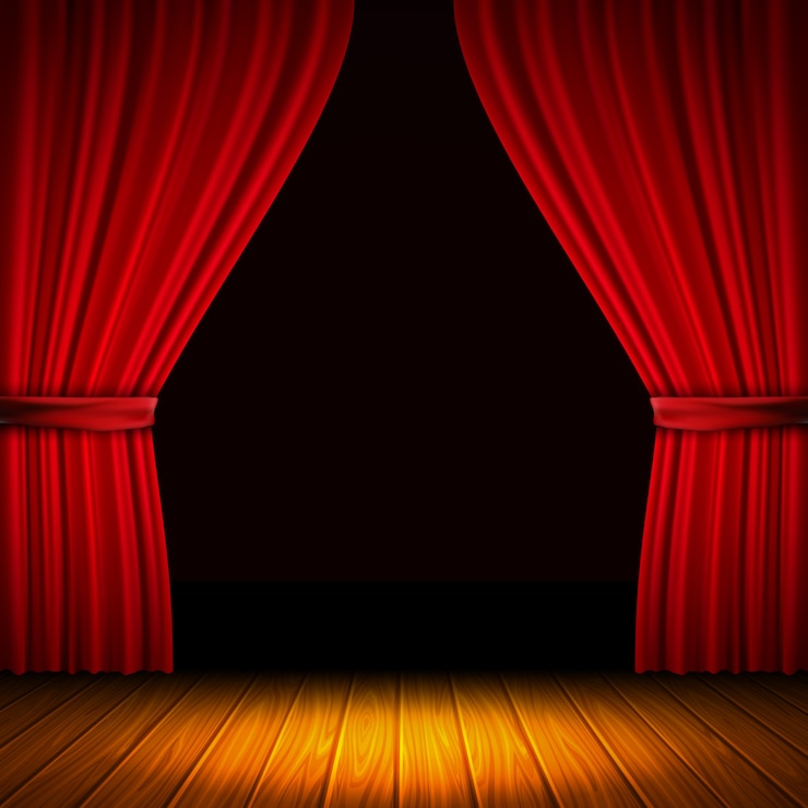 Free Vector modern composition with red curtain light and shade in the middle of curtains and wooden floor vector illustration