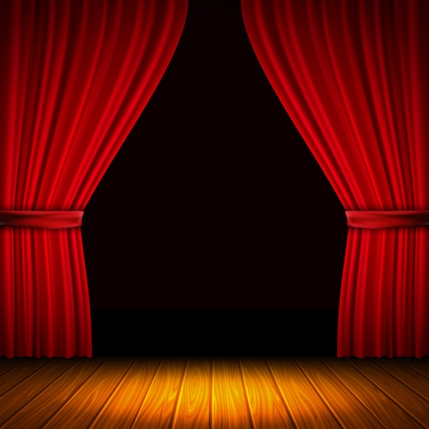 Modern composition with red curtain light and shade in the middle of curtains and wooden floor vector illustration