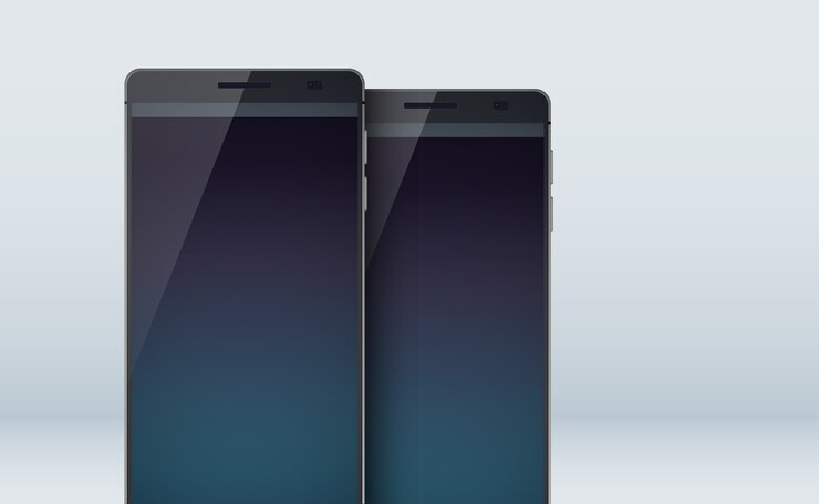 Free Vector modern concept set smart phones collection with two realistic black mobile phones with stylish large displays on the grey 