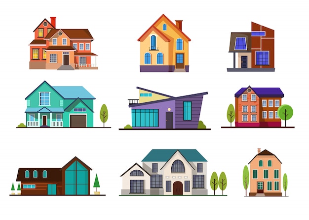 Free vector modern cottage houses set