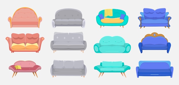 Free vector modern couches set. sofas for hotels and homes, living room furniture, divans for lounge interior.  cartoon illustration