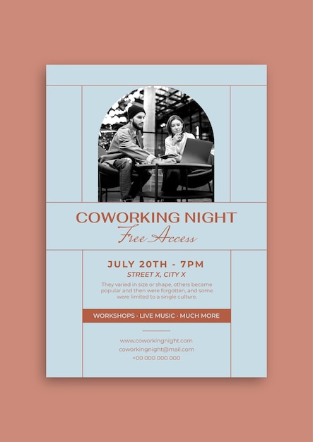 Vettore gratuito modello di volantino moderno ad accesso gratuito per coworking night