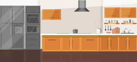 無料ベクター モダンで居心地の良いキッチンルームのインテリアイラストと家庭用調理器具シルバーグレーの技術機器冷蔵庫ストーブ電子レンジオーブンシンク