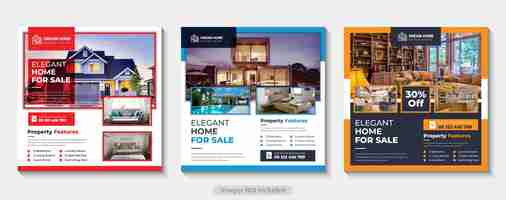 Free vector modern and creative real estate social media post template, set of social media post template design