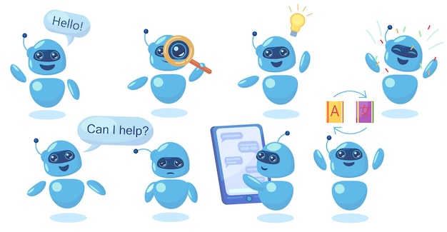 Chatbot carino moderno in diverse pose set piatto