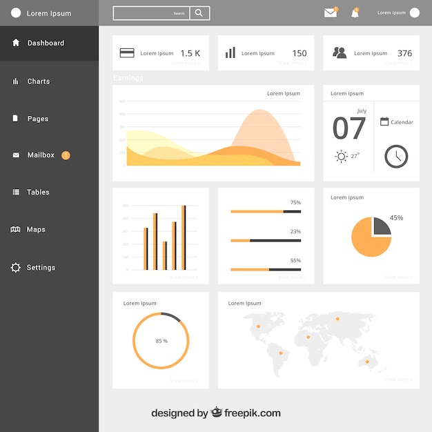 Free vector modern dashboard admin panel with flat design