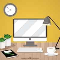 Free vector modern desk with computer and coffee