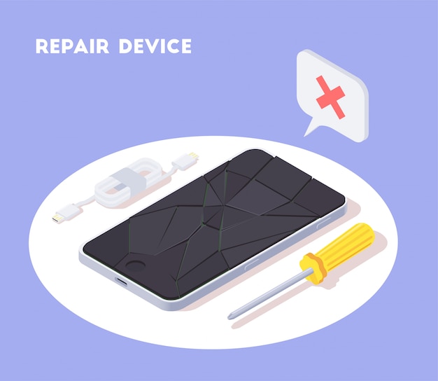 Modern devices isometric background composition with view of smartphone with broken screen and instruments with text  illustration