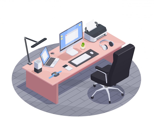 Free vector modern devices isometric composition with view of modern workspace with big table and consumer electronics computers  illustration