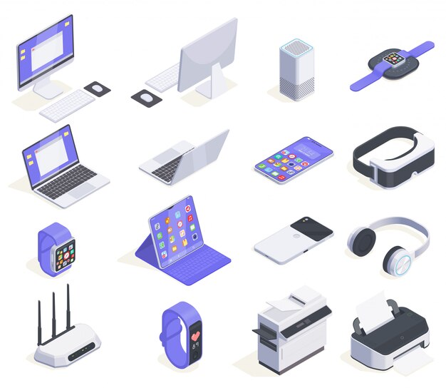 コンピューター周辺とさまざまな家電イラストの16の分離画像と近代的なデバイス等尺性のアイコンコレクション