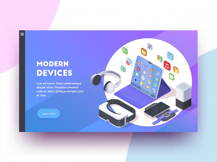 मुफ़्त वेक्टर modern devices isoometric web page design background with clickable learn more button text and colourful images  illustration