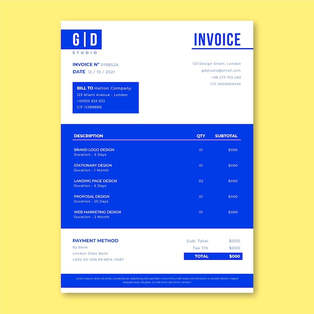 Free vector modern duotone graphic design invoice