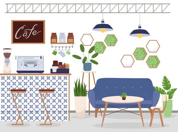 Free vector modern eco cafe flat background composition with front view of bar counter table chairs and plants vector illustration