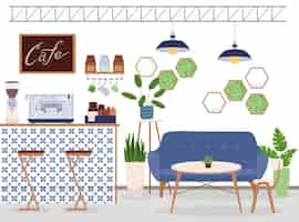 Бесплатное векторное изображение Современное эко-кафе с плоской фоновой композицией с видом спереди на стулья барной стойки и векторную иллюстрацию растений
