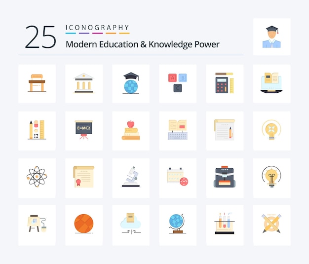 Modern Education And Knowledge Power 25 Flat Color icon pack including pen alphabet globe basic abc