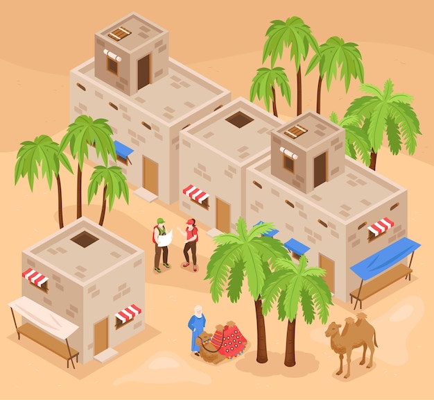Free vector modern egypt tourist attractions isometric composition with visitors exploring kings valley and camel ride