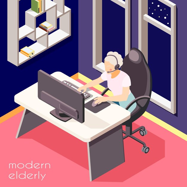 Modern elderly people isometric  illustrated senior woman with headset working at laptop  illustration