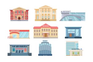 Free vector modern exteriors of city buildings set. vector illustrations of houses with facades. cartoon museum hospital school supermarket airport cinema post office isolated on white. cityscape, urban concept