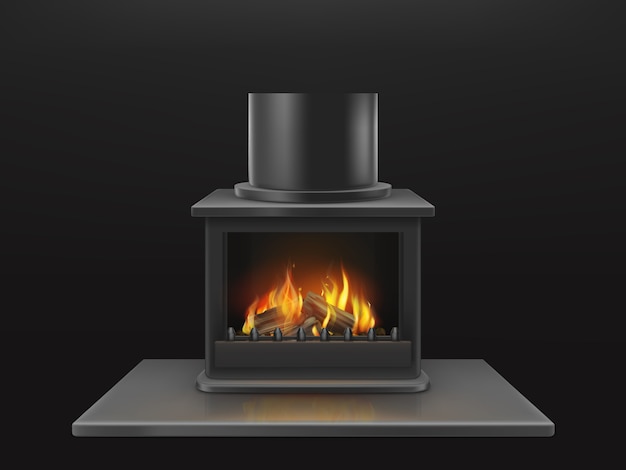 燃える木製の丸太、金属製の火室の中の炎とモダンな暖炉