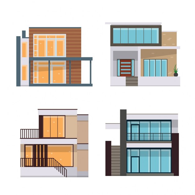 Современный плоский жилой дом иллюстрации набор