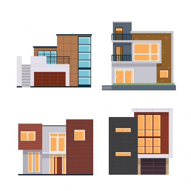 Бесплатное векторное изображение Современный плоский жилой дом иллюстрации набор