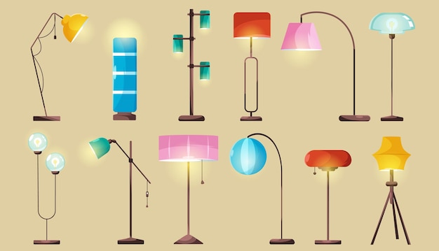 Lampade da terra moderne, luci elettriche eleganti per interni di casa o ufficio. set di cartoni animati vettoriali di accessori per l'illuminazione con paralumi per l'arredamento del soggiorno o della camera da letto isolati su sfondo