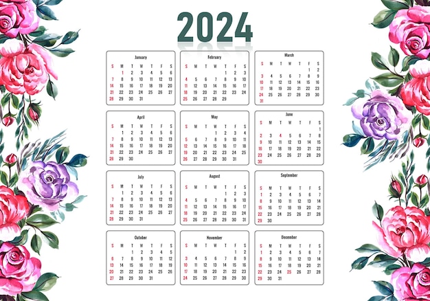 Free vector modern flower 2024 calendar template design