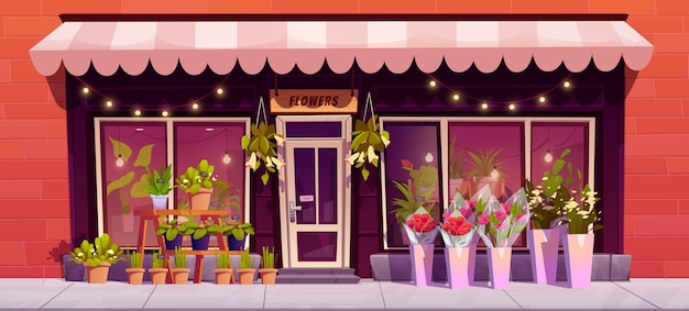 無料ベクター 都市の通りのモダンなフラワー ショップのファサード棚の上の花瓶植木鉢に大きな窓の縞模様のテントがドアの上にある都市の花のブティック ギフト店頭のベクトル漫画のイラスト