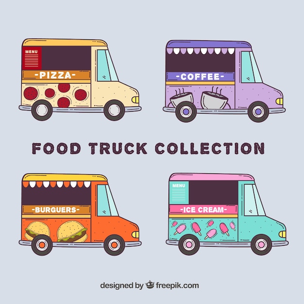 Modern food trucks with hand drawn style